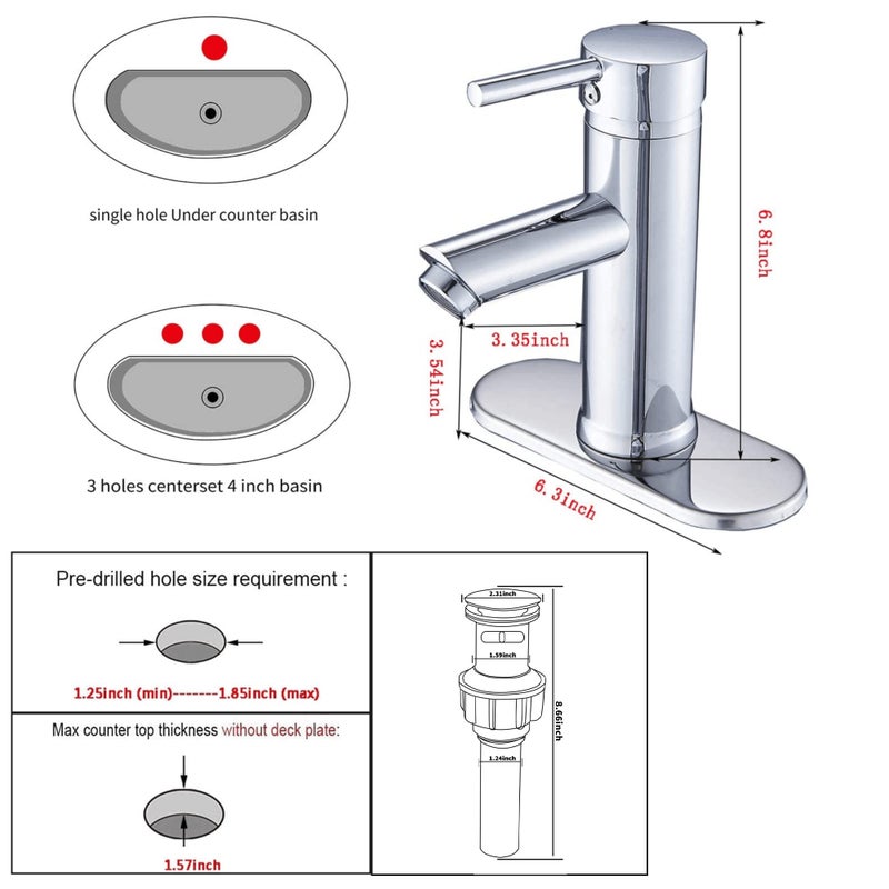 GGStudy Chrome Single Handle 1 Hole Bathroom Sink Faucet Matching Pop Up Drain with Overflow Washingroom Faucet Bathroom Vantity Faucet - Image 2